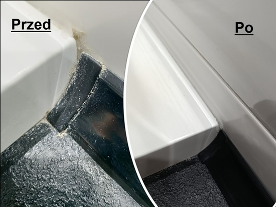 Wymiana silikonu – efekt przed i po usuwanie starego silikonu łazienka Rzeszów